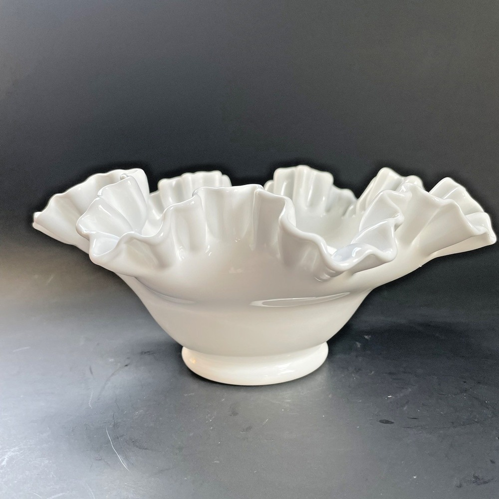 Vintage White Milk Glass‎ Bowl Ruffled & Crimped Edge 9 1/2" x 4 1/2" tall